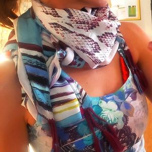 JOHNNY WAS 100% silk large 4 tassles scarf watercolor/snakeskin gorgeous
